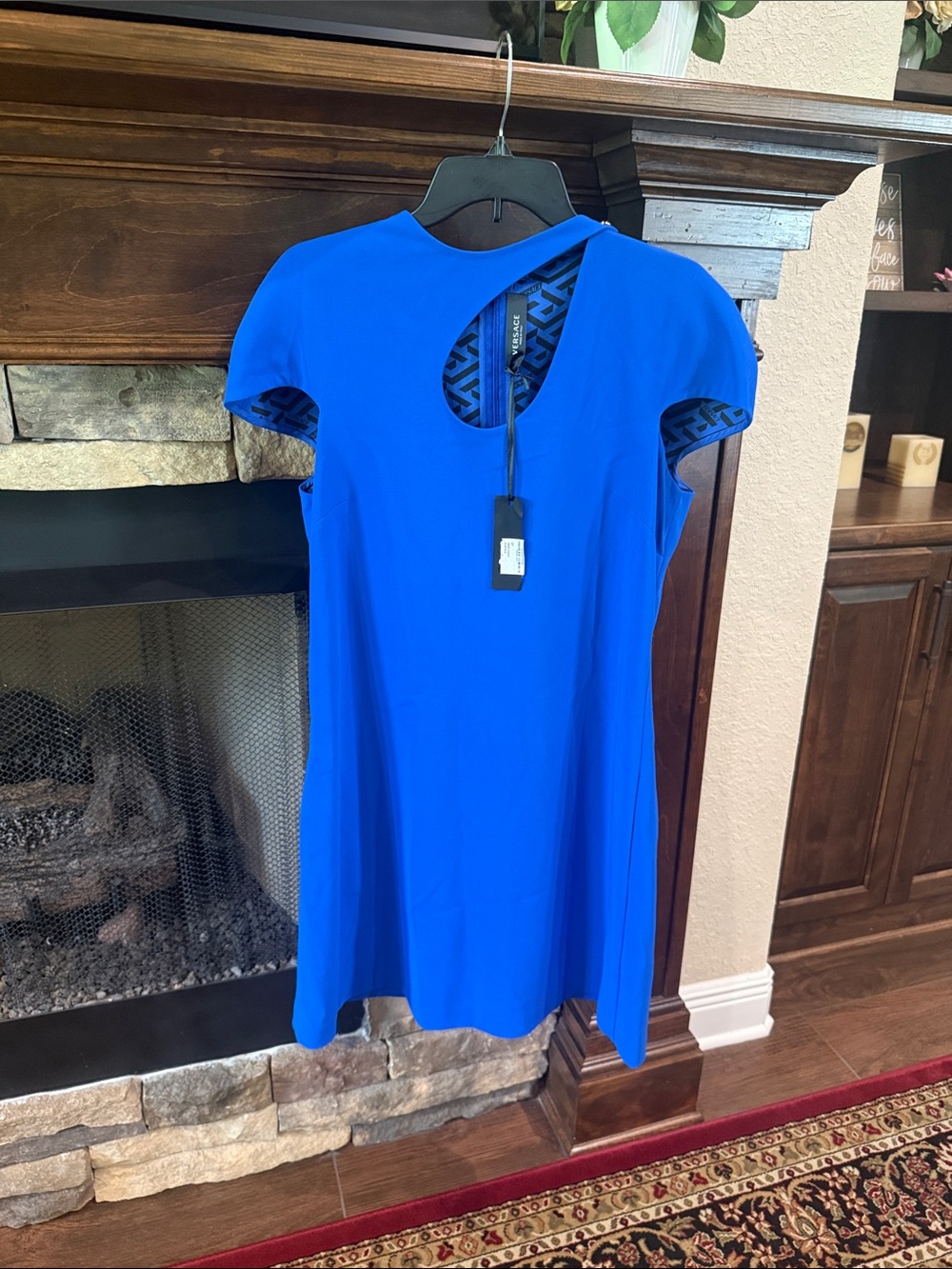 Versace Electric Blue Short-Sleeve Mini Dress with Signature Cutout